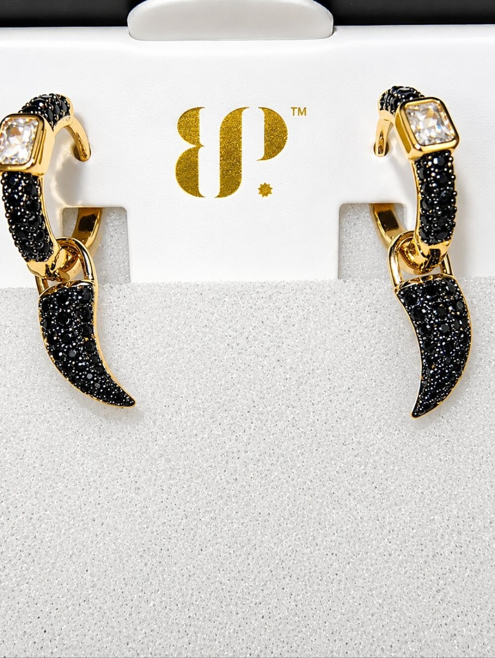NIB Bomb Party "Untamed Earrings Sharp Edge Affair" Rose Gold Plating Black Onyx